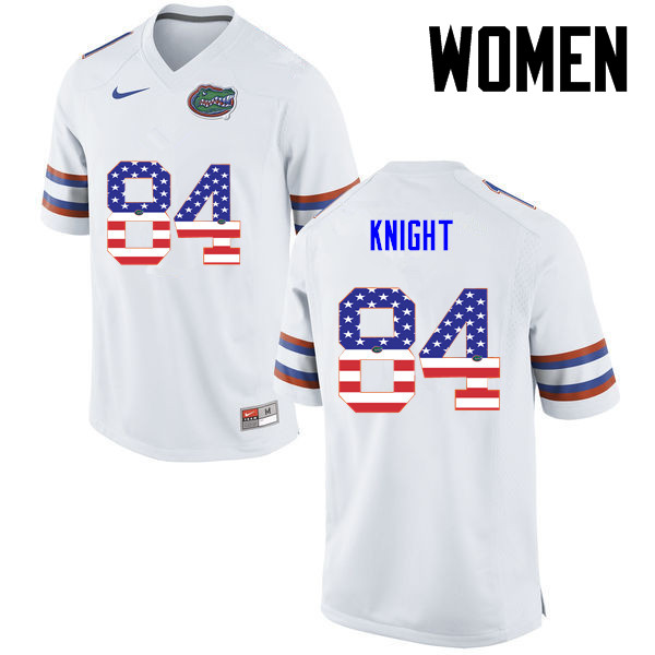 Women Florida Gators #84 Camrin Knight College Football USA Flag Fashion Jerseys-White - Click Image to Close